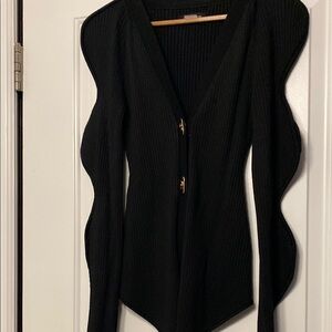Black Ribbed Knit Top with Sculpted Wave Sleeves